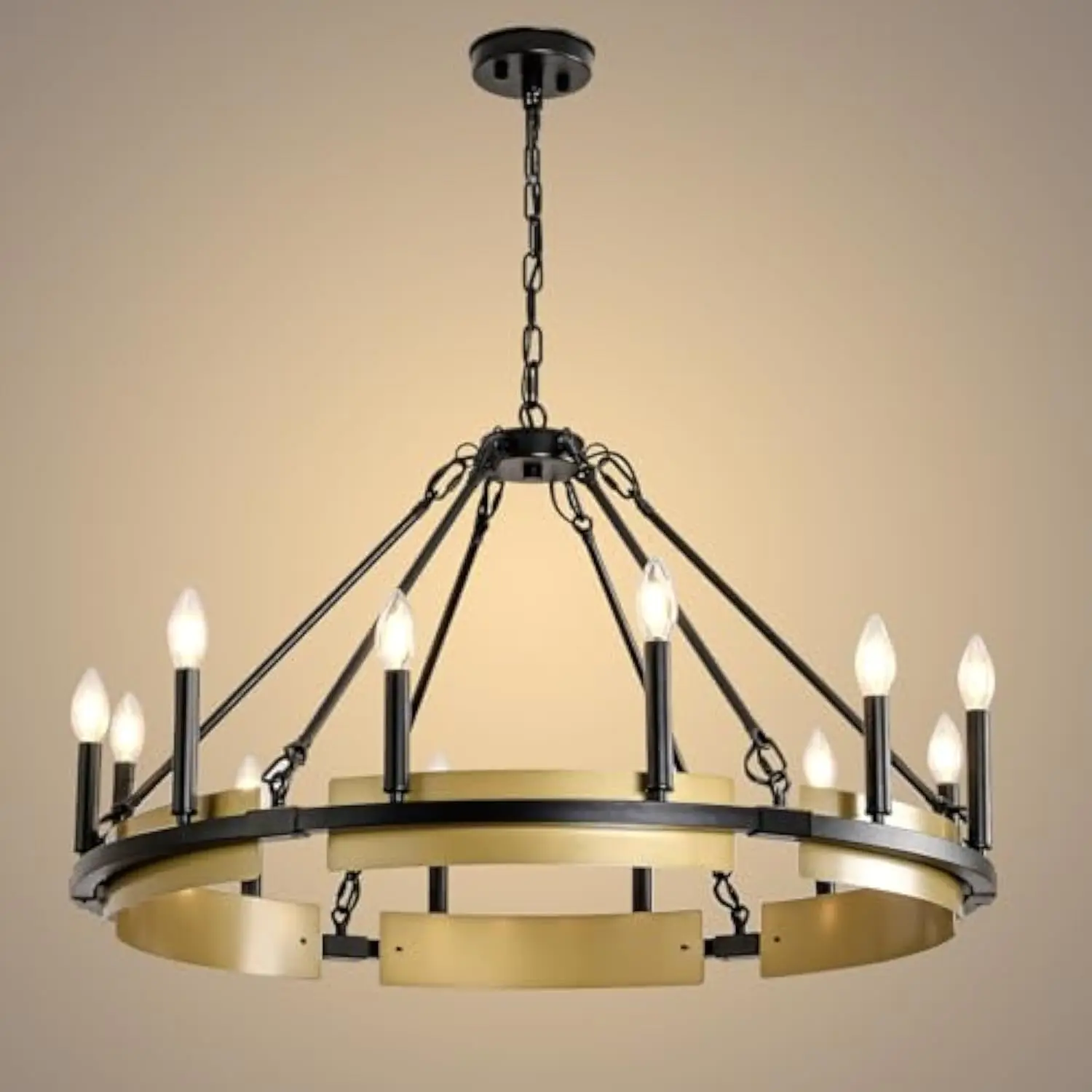 

Round Wagon Wheel Chandelier - 33.82 Inch 12 Lights Black and Gold Metal Rustic Chandeliers Farmhouse Large Light Fixture Dinin