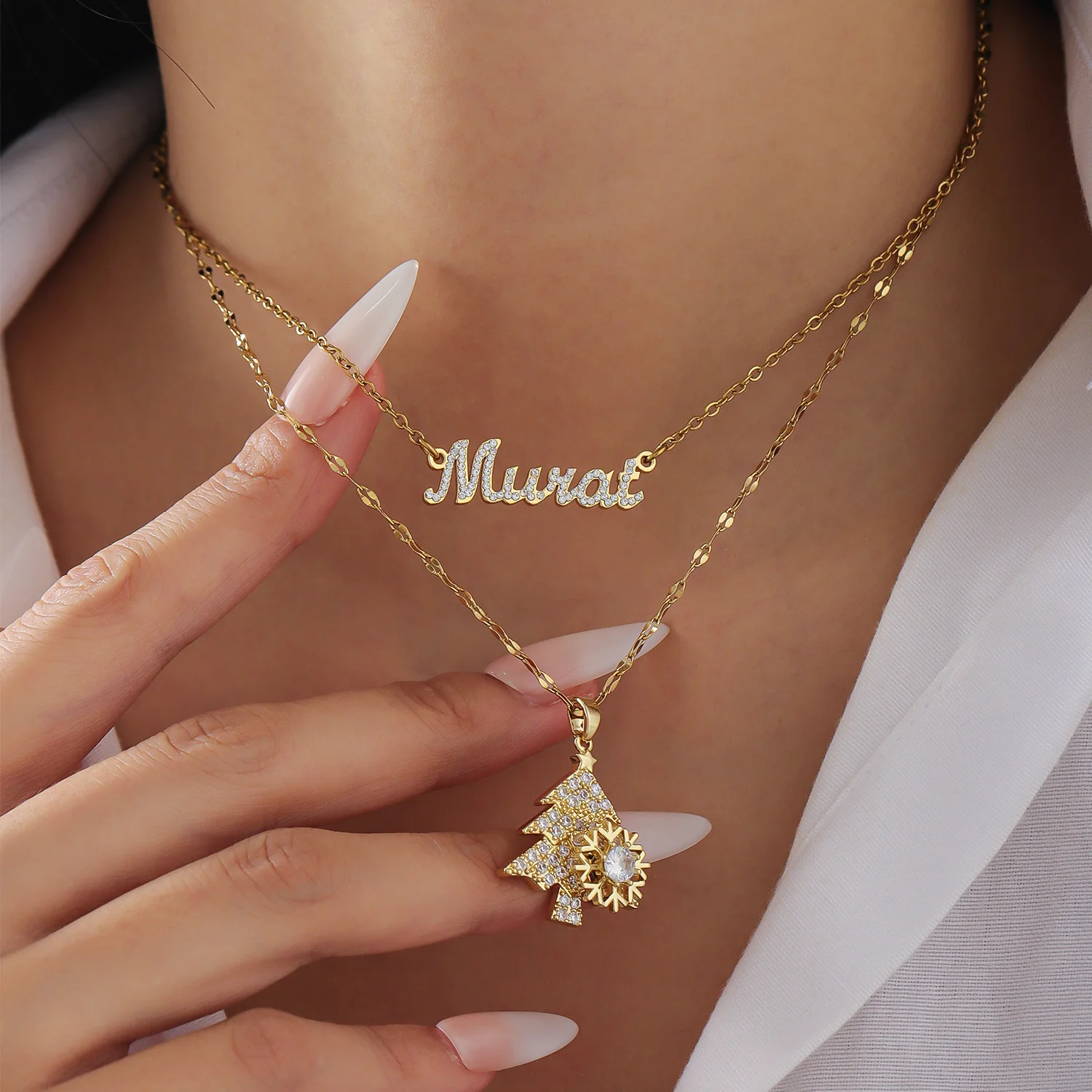 

Ожерелье с именем из циркона на заказ, подвеска в виде рождественской елки, вращающаяся позолоченная нержавеющая сталь, штабелируемые ювелирные изделия на удачу, Рождественский подарок