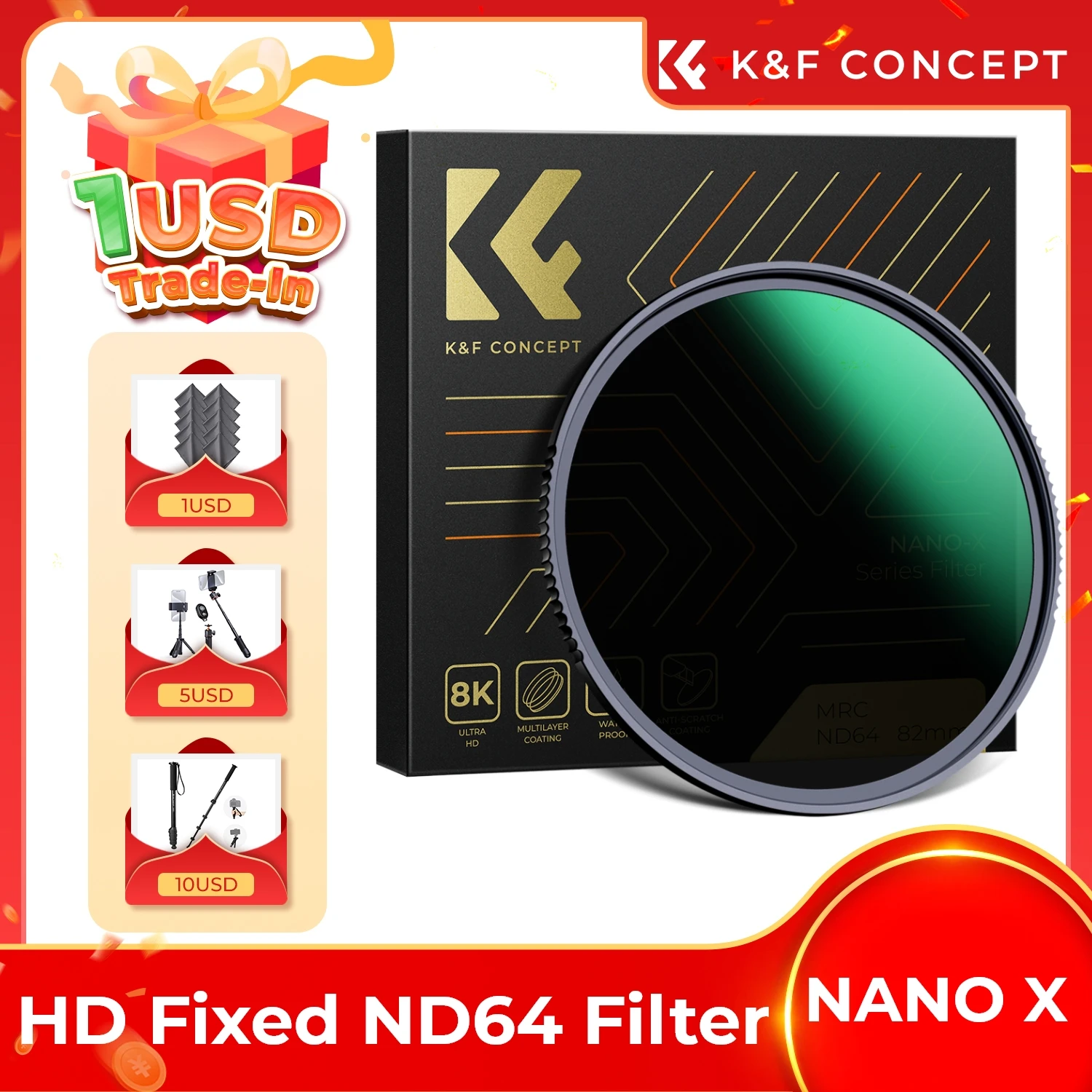 

K&F Concept HD Fixed ND64 Filter 49mm-82mm Camera Lenses Nano X Multi-coated Neutral Density Filters For Camcorder Photographer