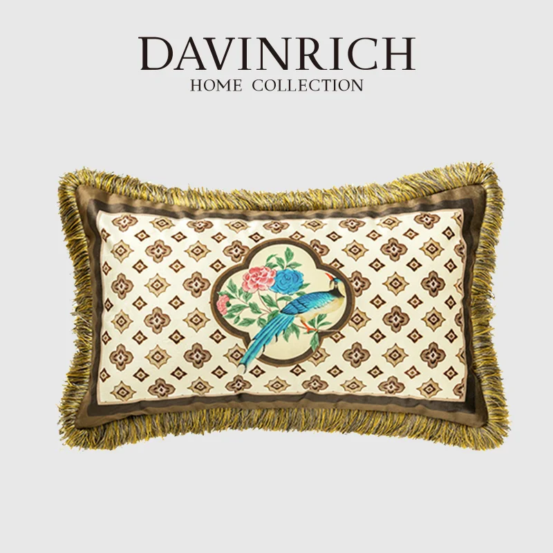 DAVINRICH Monogram Design Lumbar Pillow Case Chinoiserie Bird Floral Decorative Deluxe Velvet Cushion Cover For Living Room Sofa