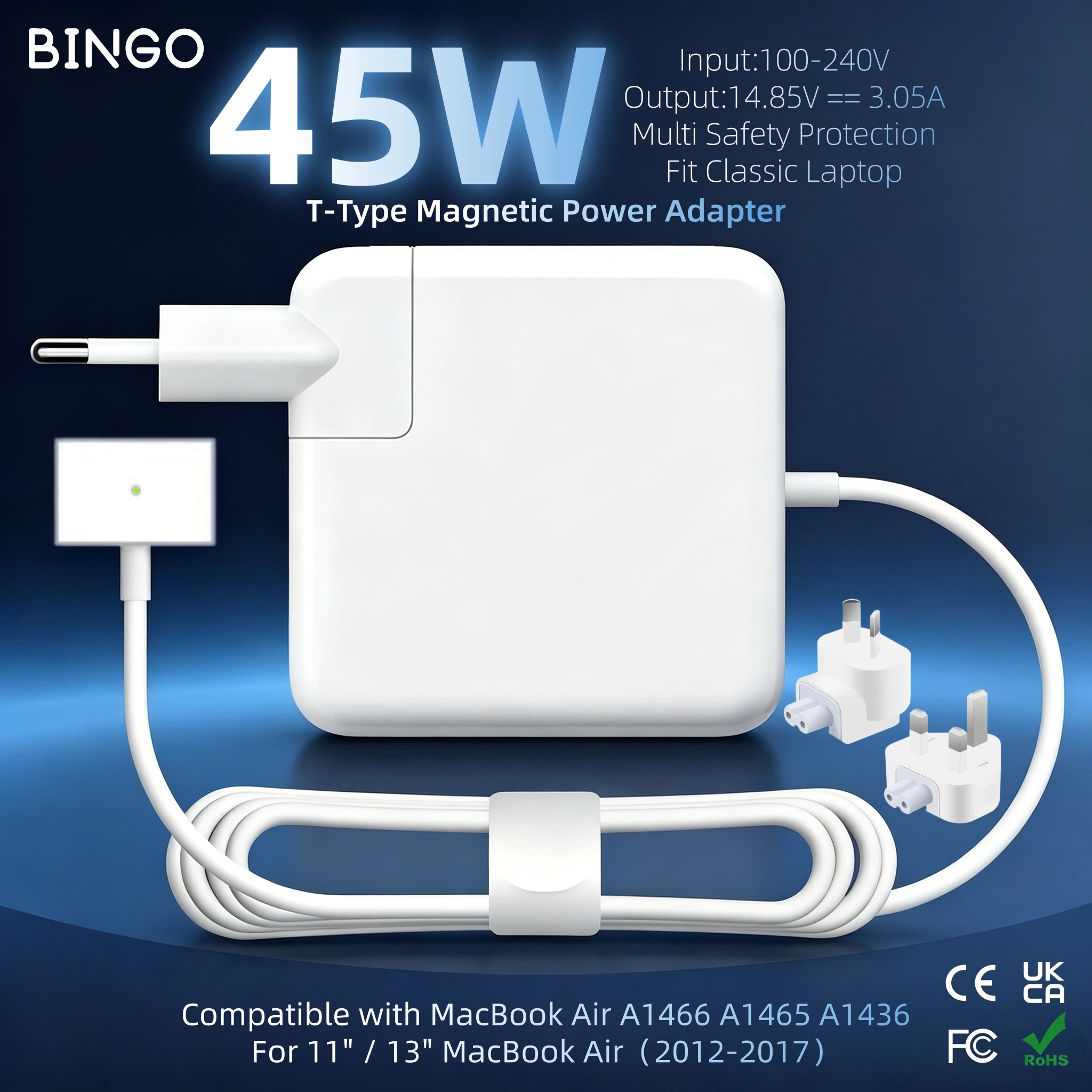 Adaptador de Corriente Magnético Tipo T de 45W, 14.85V==3.05A, Certificado CE FCC RoHS UKCA, Compatible con A1465 A1466 A1436