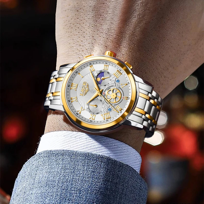 LIGE Mens Watches Top Brand Luxury Waterproof Creative Quartz Watch for Man Gold Skeleton Style 24Hour Moon Phase Luminous Clock