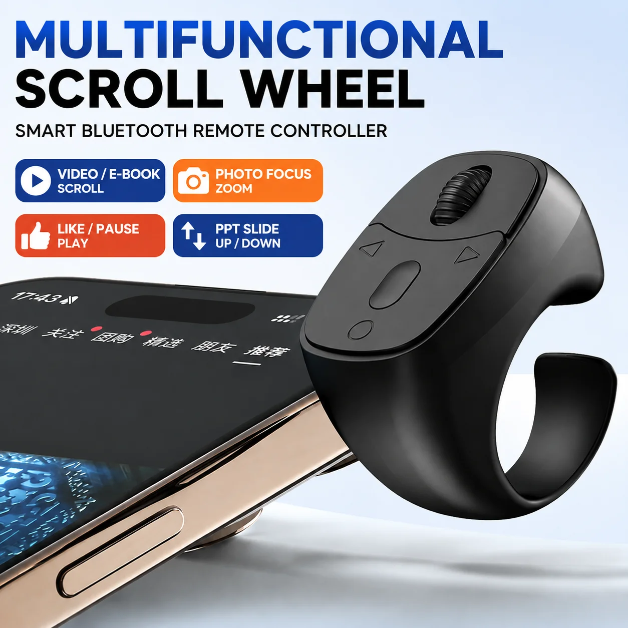 Bluetooth Page Turner Remote Control for Smartphone Hands-Free Scroll Wheel for Reading E-Books Watching Video Mobile Controller