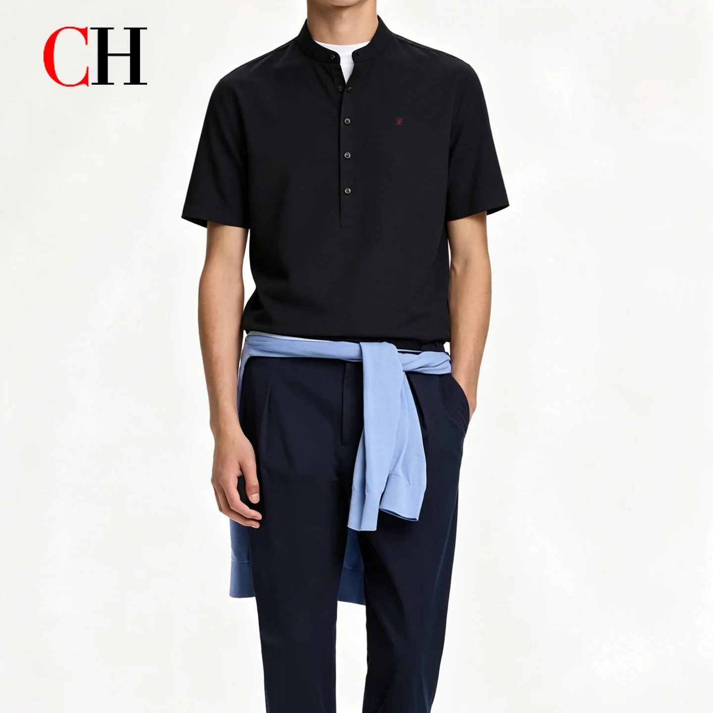 CH Mens Stand Collar Multi Button Half Placket Subtle Tone Letter Embroidery Curved Hem Short Sleeve Henley Versatile Men Top