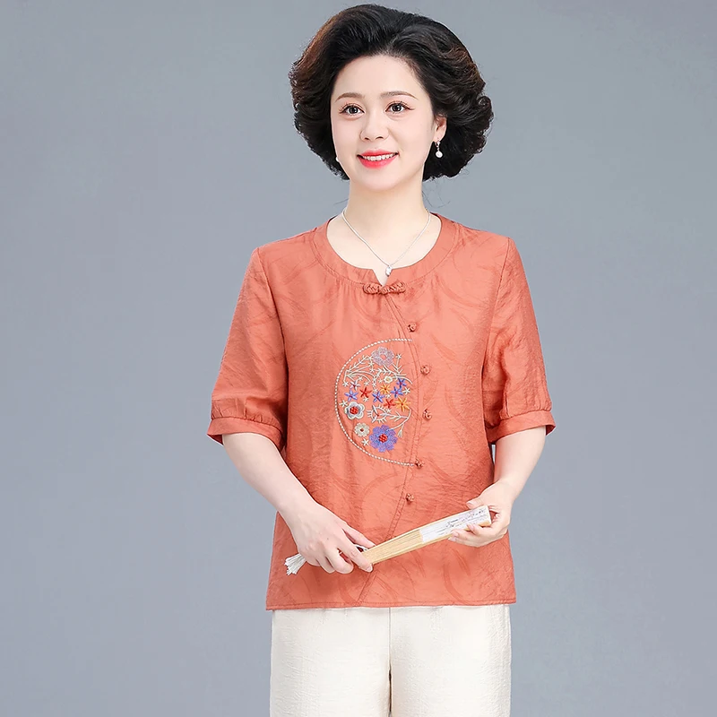 

Новый китайский летний модный комплект из хлопка и льна для женщин среднего возраста: топ с коротким рукавом и брюки