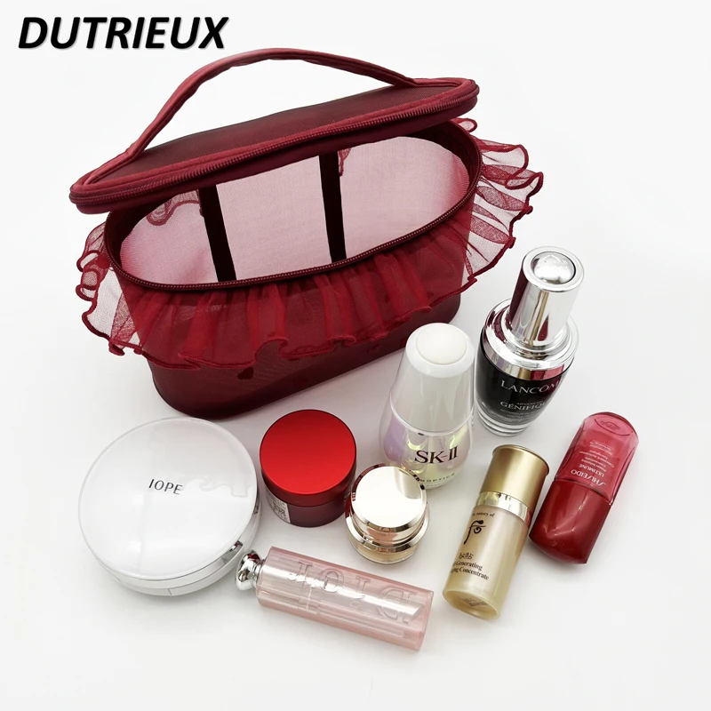 Fashion Cosmetic Bag for Women Summer Autumn Mesh Lovely Embroidered Lace Portable Cute Sweet Ladies Makeup Storage Bags