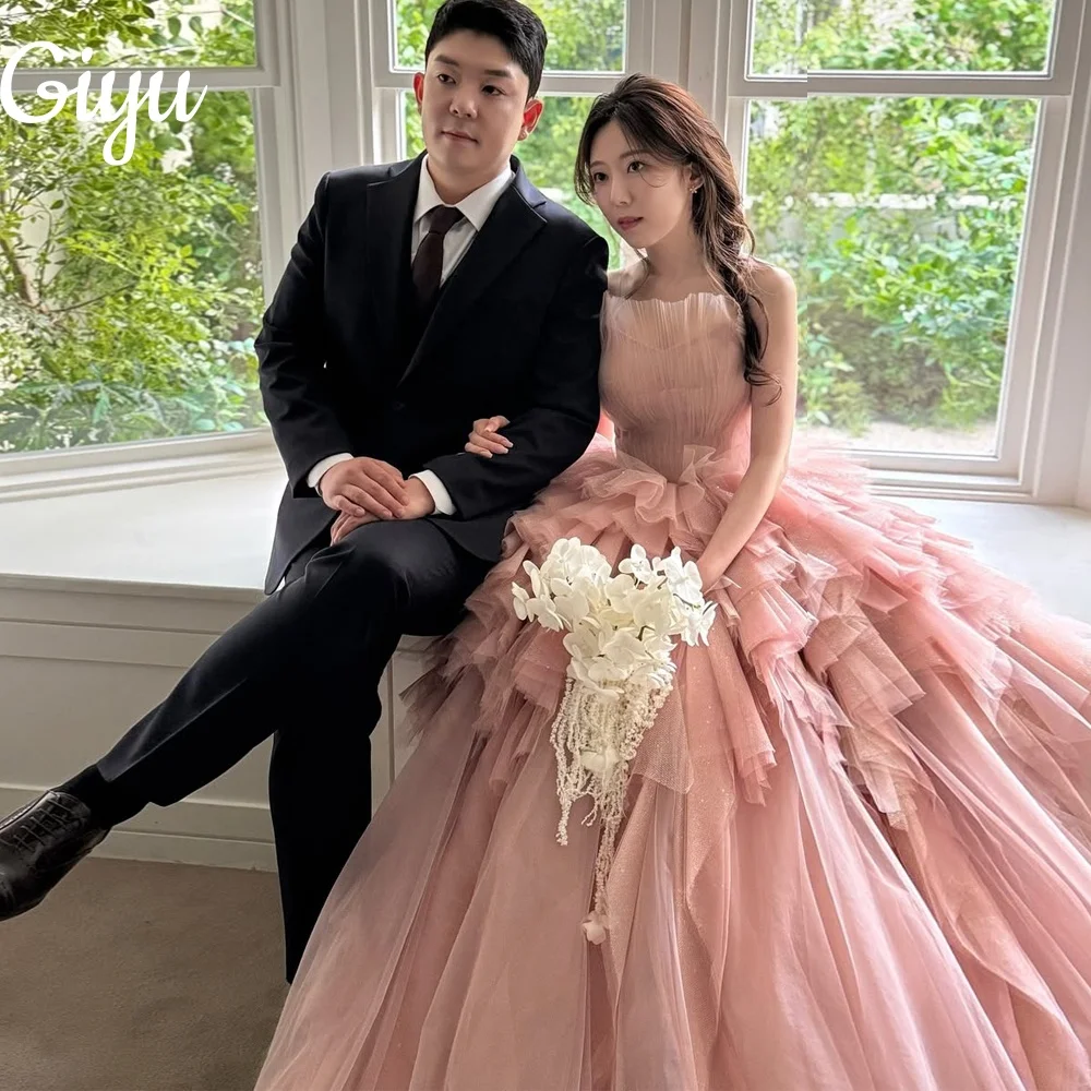 

Giyu Fairy Peach Pink A-line Wedding Dress Tiered Pleat Korea Photoshoot Sparkly Tulle 웨딩드레스 Ball Party Dress Customized