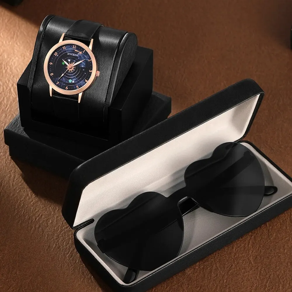 Women Fashion Watch Casual Watches Heart Glasses Set Ladies Simple Dial Quartz Wristwatches Dress Clock Montre Femme