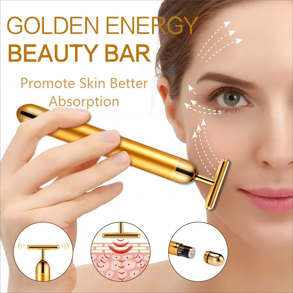 

Gold Electric Vibrating Skin Care Tool Massager T-Shape Lifting Body Facial Gua Sha New 24K Gold Energy Beauty Bar Face Massager