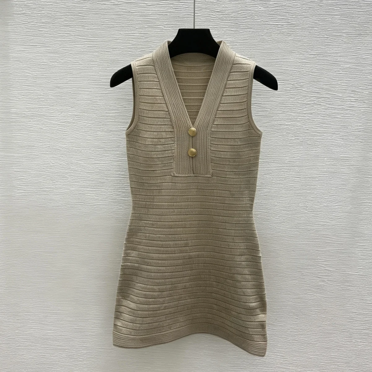 2026 Women Sleeveless Ribbed Knit Mini Dress Deep V Neck Gold Button Bodycon Slim Pencil Short Dress lyt26713124