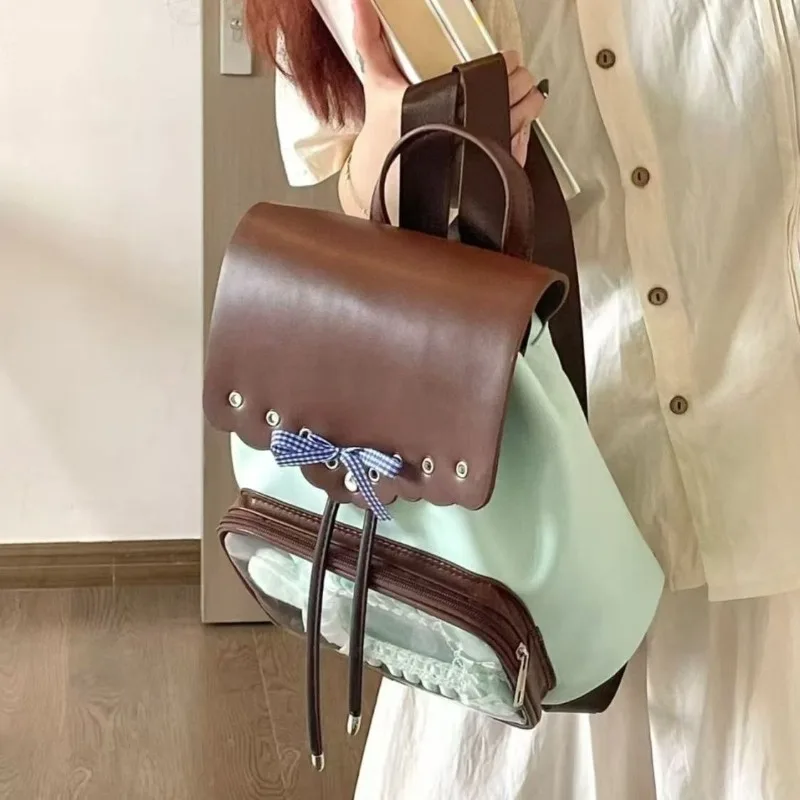 

Лоскутные рюкзаки контрастного цвета на молнии с бантом, модные милые школьные сумки Kawaii для студентов Y2k, эстетические шикарные прозрачные школьные сумки