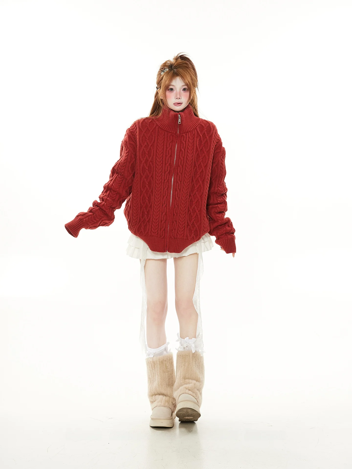 

Утепленный красный вязаный кардиган на молнии, свободный, теплый, повседневный, женский, осенне-зимний, с воротником-стойкой, длинными рукавами, верхняя одежда