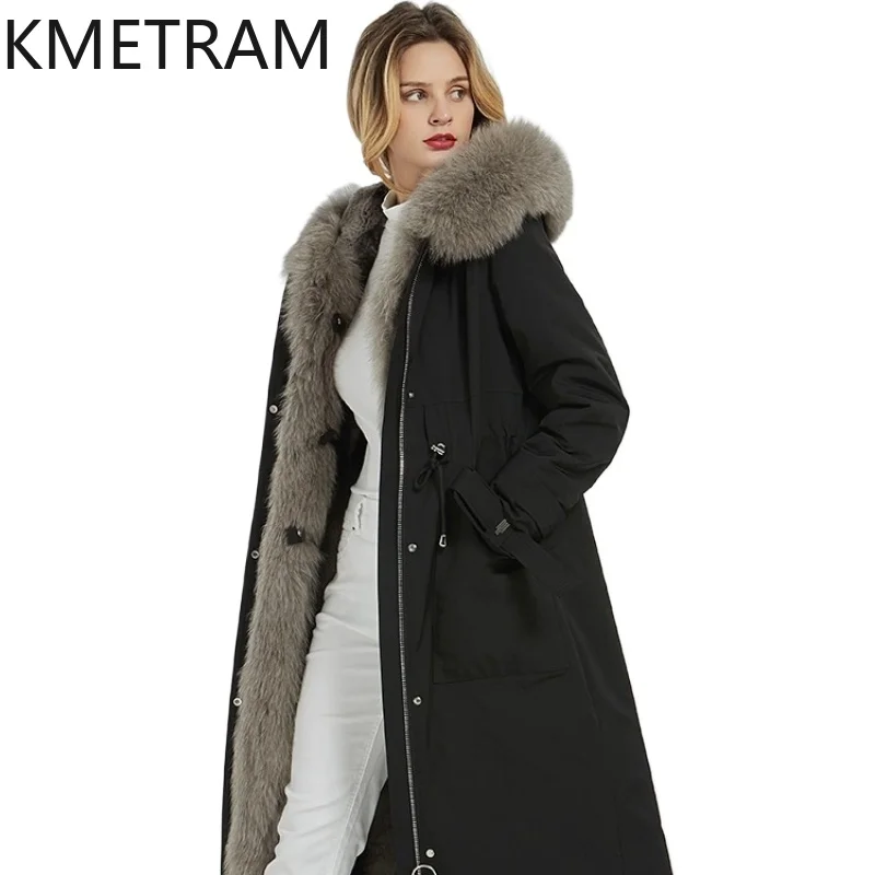

KMETRAM Rex Rabbit Fur Lining Coat Fox Fur Collar Hooded Parka Jacket 2025 Winter Warmth Long Black Women Clothing ropa mujer