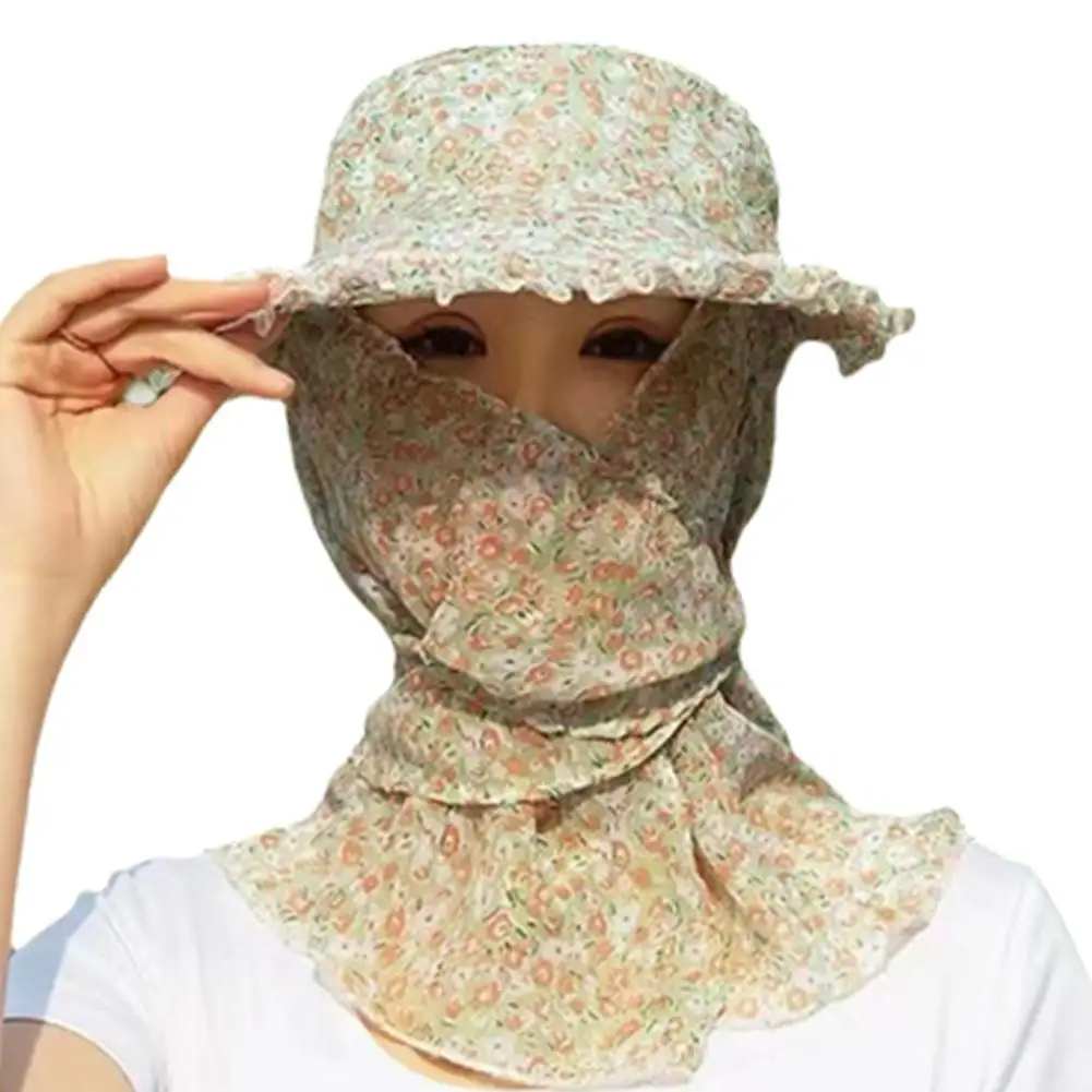여성 여름 해변 안티 자외선 태양 모자 꽃 모자 목 보호대 꽃 인쇄 쉬폰 모자 선 스크린 낚시 타고 태양 마스크 모자