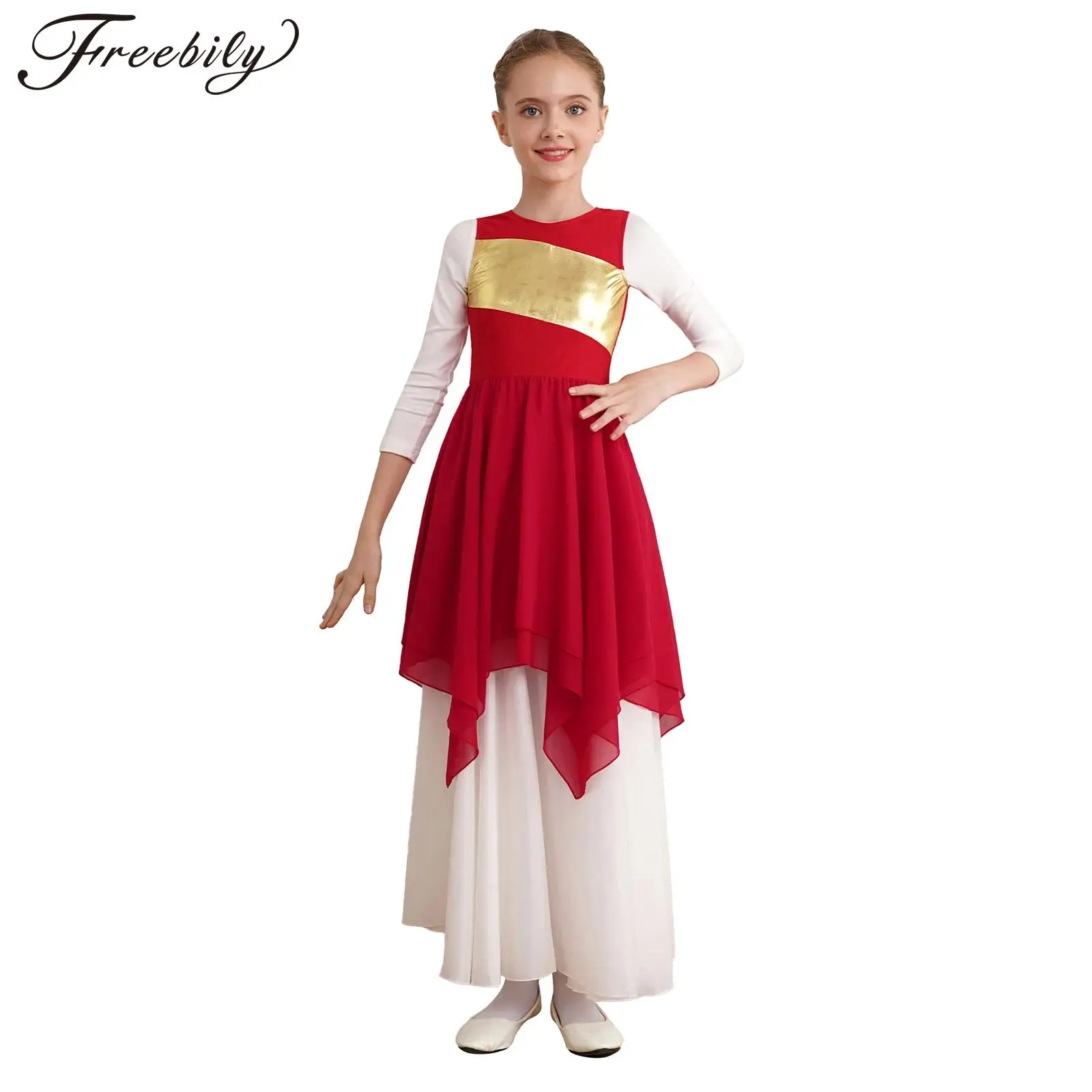 

Kids Girls Color Block Lyrical Dance Dress Patchwork Sleeveless Asymmetric Hem Dresses Liturgical Celebration Worship Costume