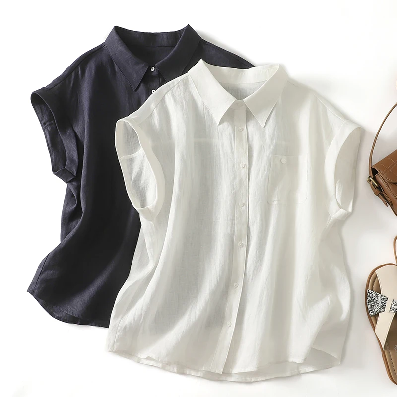 

Summer Cotton Linen Short Sleeve Shirt Women's Solid Top Casual Loose Fit Collar Single Breasted Blouse N851