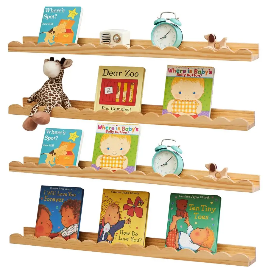

Baby Book Shelf,Floating Shelves for Wall Set of 4 Natural Solid Pine Wood Nursery Bookshelves with Wave Lip for Bedroom Kids, T