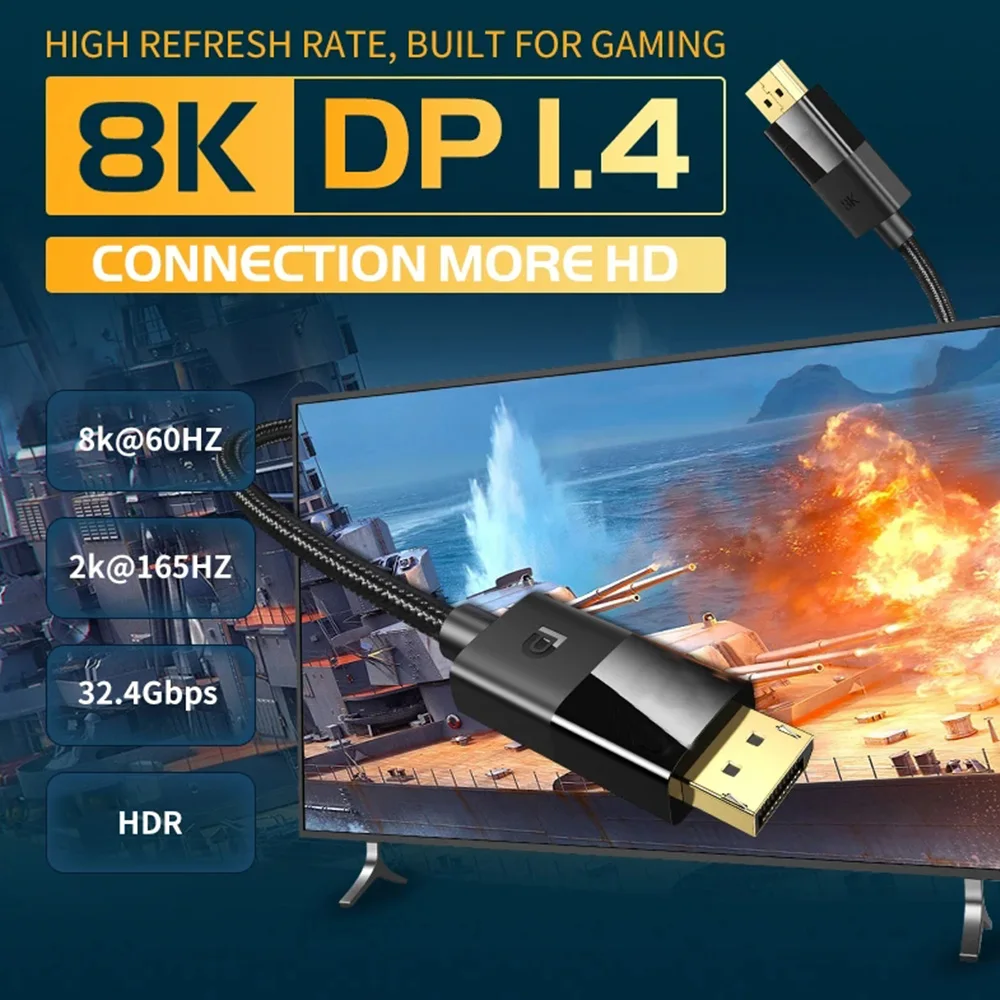 Musical Sound 8K 4K DisplayPort Cable High Speed Display Port DP To DP Cable 144Hz, for Gaming Monitor, HDR/FreeSync/G-Sync