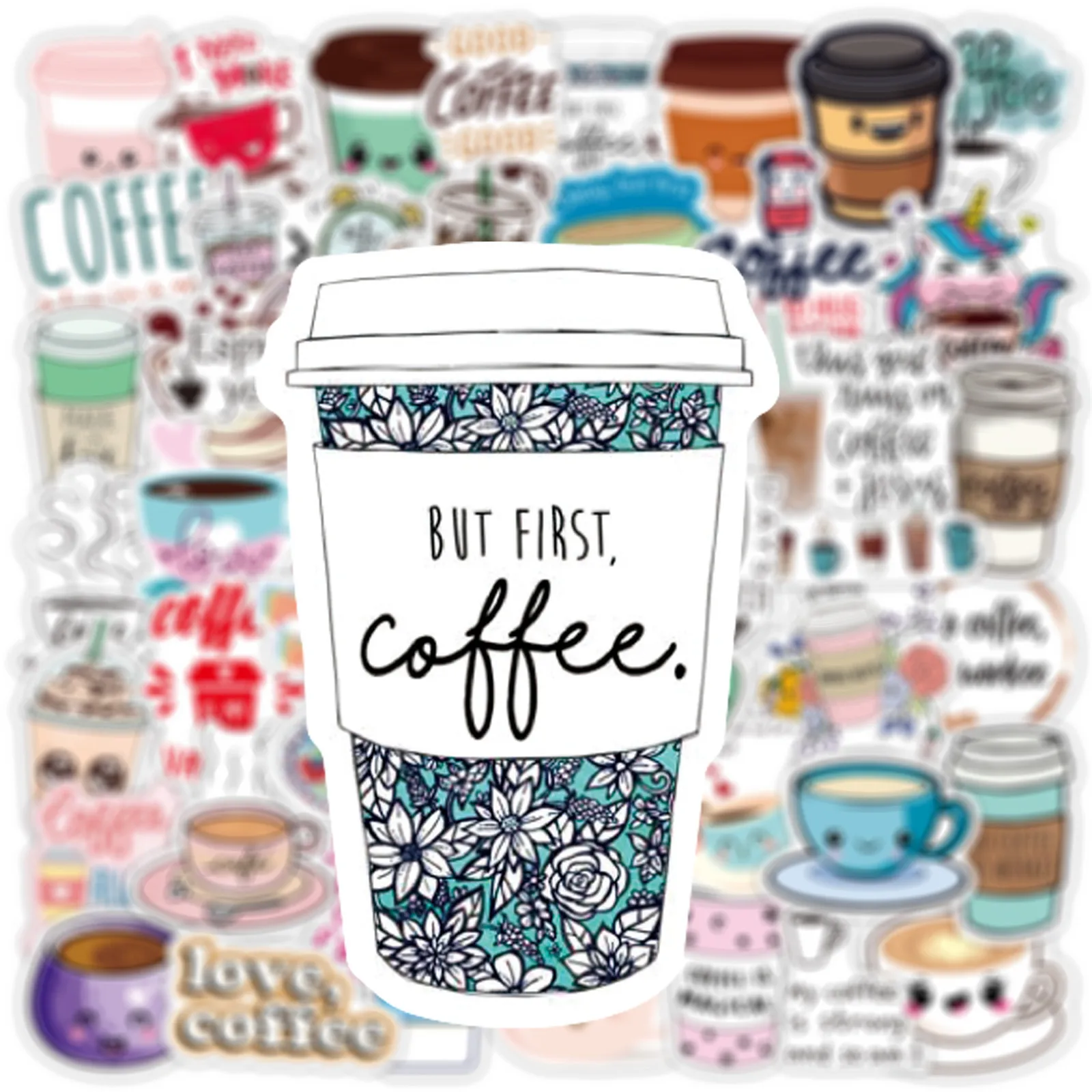 50pcs Cartoon Milk Tea Coffee Series Graffiti Stickers Suitable for Desktop Wall Decoration DIY Sticker Pack with Storage Box