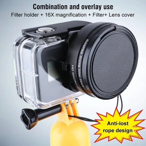 Imagen 2 del producto Filtro Macro HD 16X para GoPro 11 10 9 8 funda impermeable negra filtro rojo púrpura de buceo + tapa de lente + anillo adaptador de 58mm