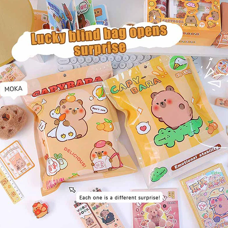 1 conjunto dos desenhos animados kawaii capivara papelaria saco cego bonito capivara conjunto de papelaria criativo sorte caixa surpresa estudantes