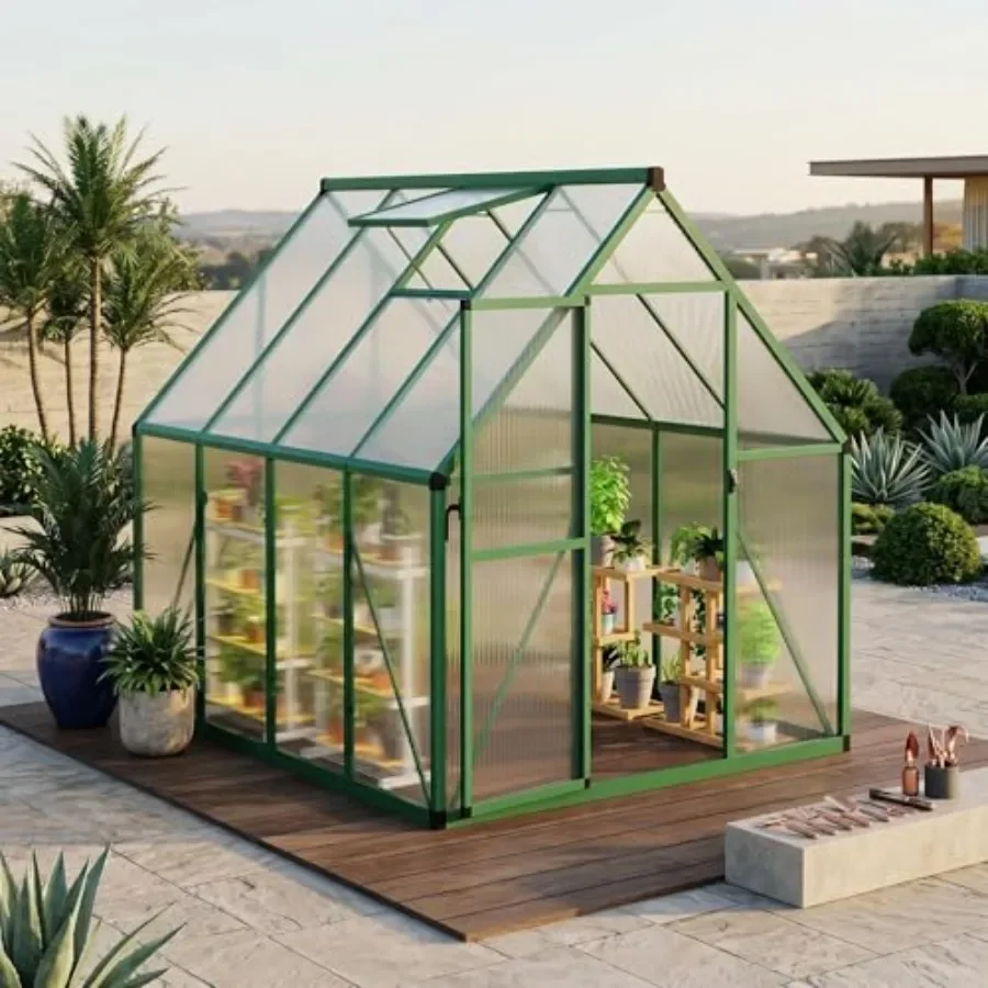 6x7 ft Heavy Duty Hardtop Gazebo Sunroom for Outdoor Patio Backyard, Aluminum Frame with Polycarbonate Panels, Green, Weatherpr