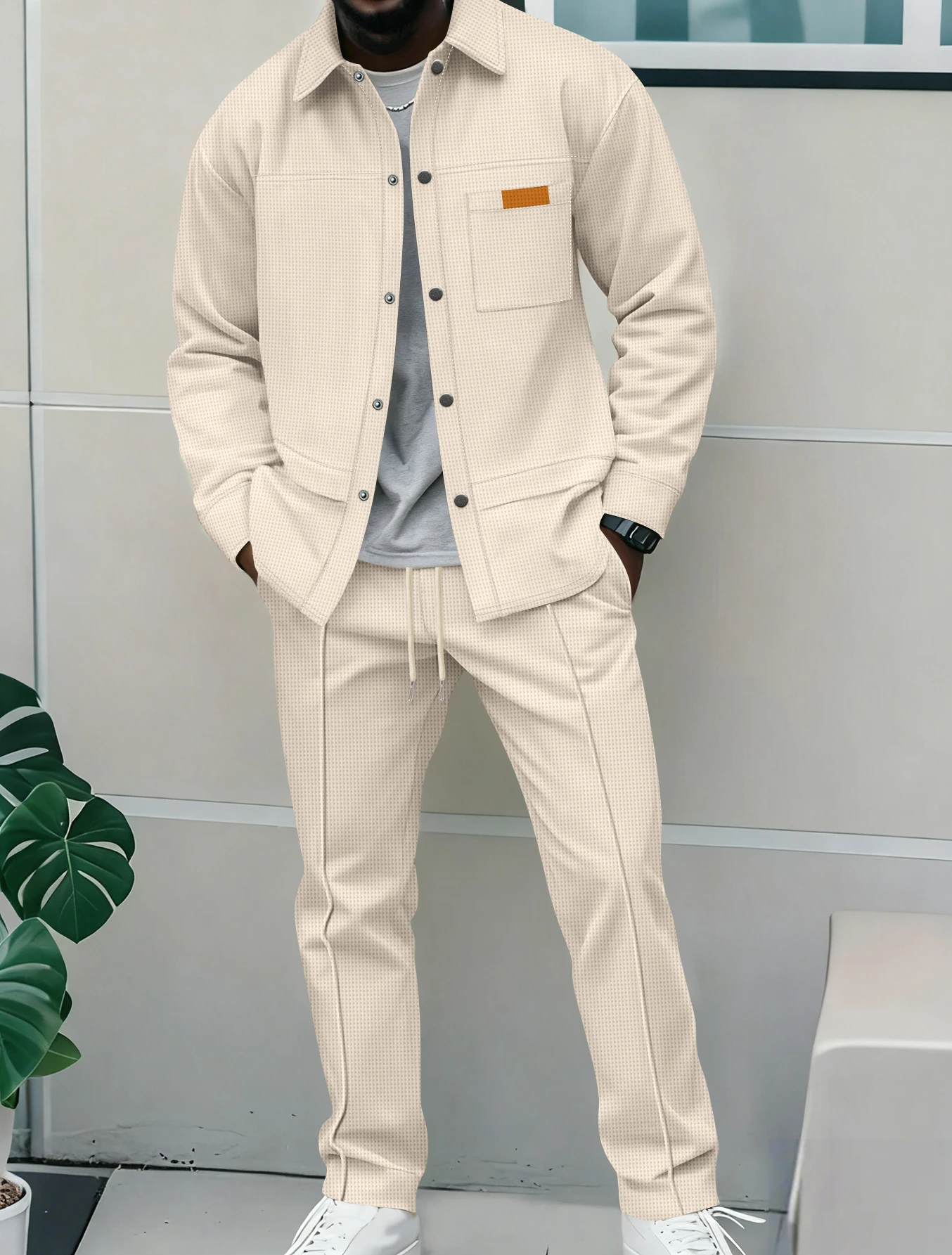 2026 New Men's Casual 2 Piece Tracksuit Fall Waffle Knit Solid Color Lapel Collar Button Jacket with Pockets Long Pants Set