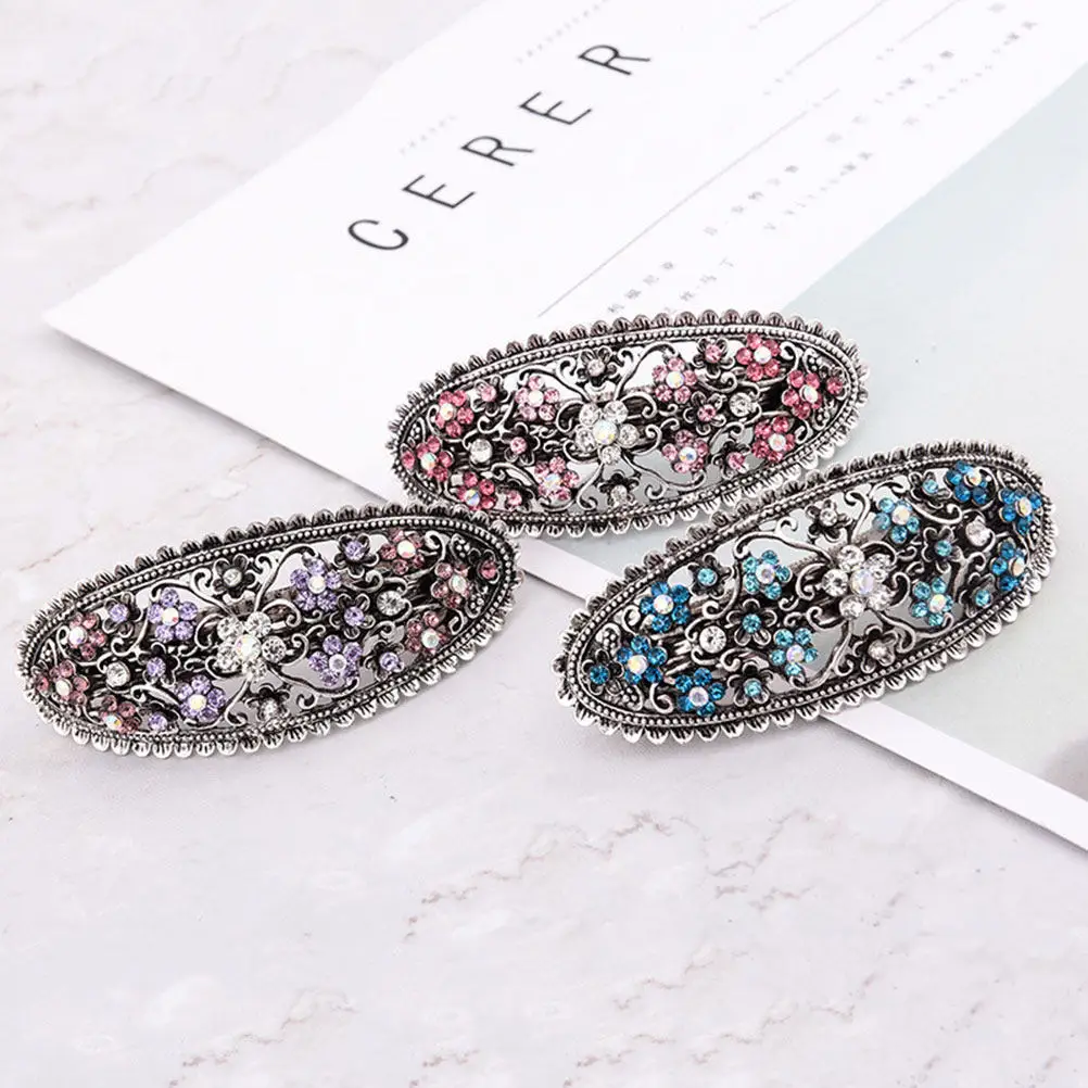 

3Pcs Vintage Ponytail Clips Alloy Crystal Oval Spring Hair Clips for Women Girls Wedding Party Daily Use Temperament Elegant