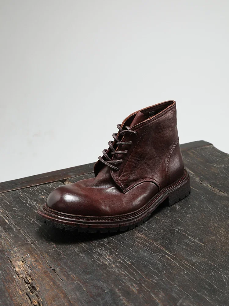 

2025 High-end Men's Boots Washed Horse Leather Handmade Retro High-top Tooling Short Boots Trendy Men's Shoes Gift