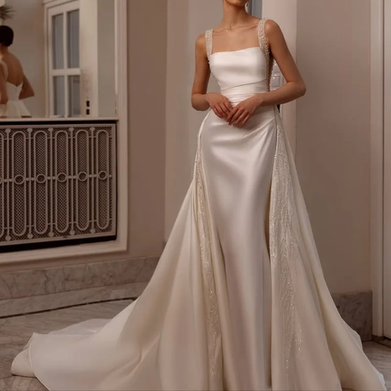 Cetim marfim branco vestidos de casamento fora do ombro o espartilho decalque vestidos de noiva rabo de peixe destacável multi-camada feito ﻿ Personalizar