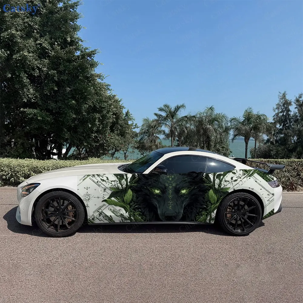 2pcs Forest Wolf Spirit Green-Black Car Side Wrap, Self-Adhesive PVC Waterproof & Scratch-Resistant Stickers, Car Accessory Gift