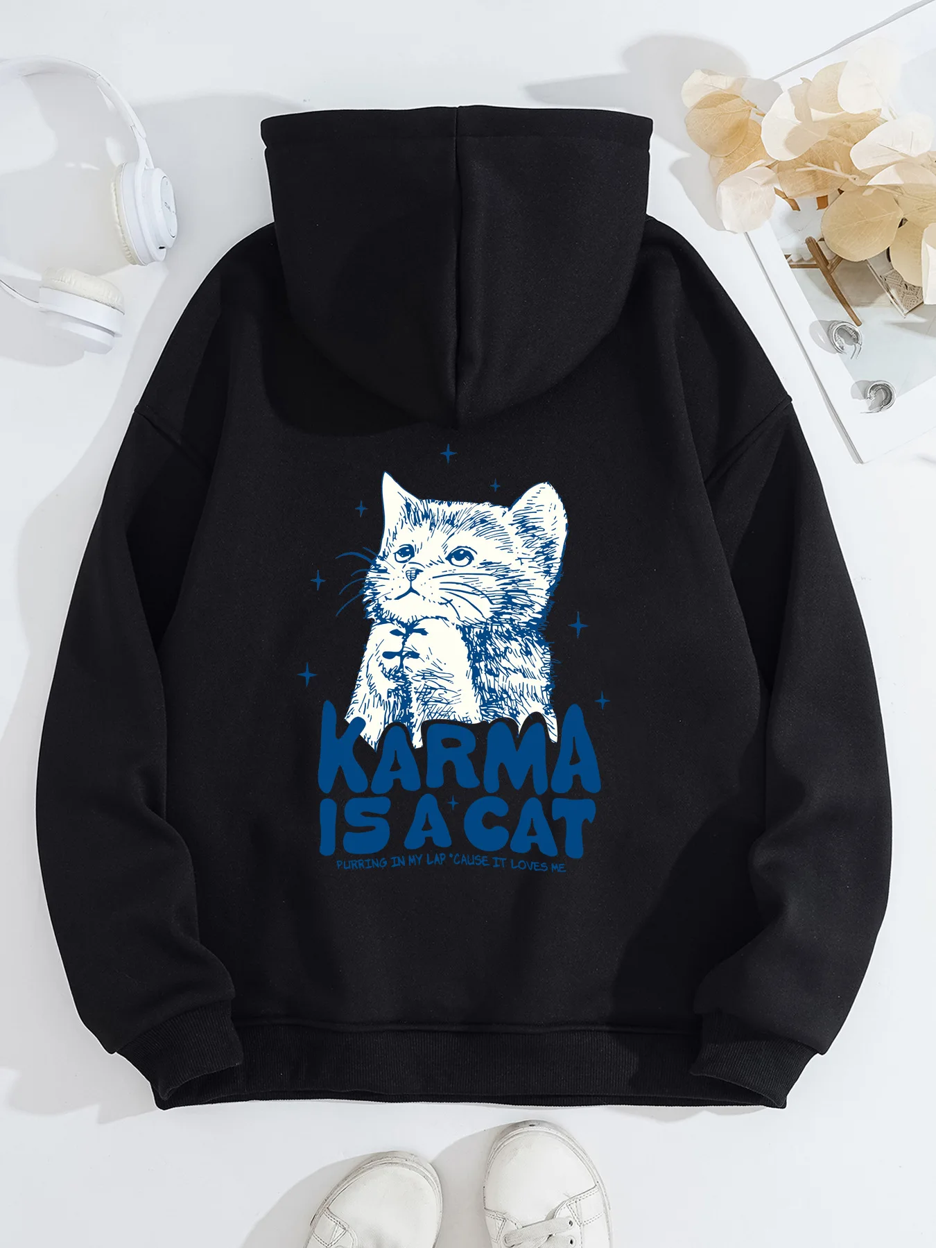 Gatinho neko gato bonito impressão outono inverno moletom com capuz feminino manga longa pulôver casual solto ao ar livre camisola moletom