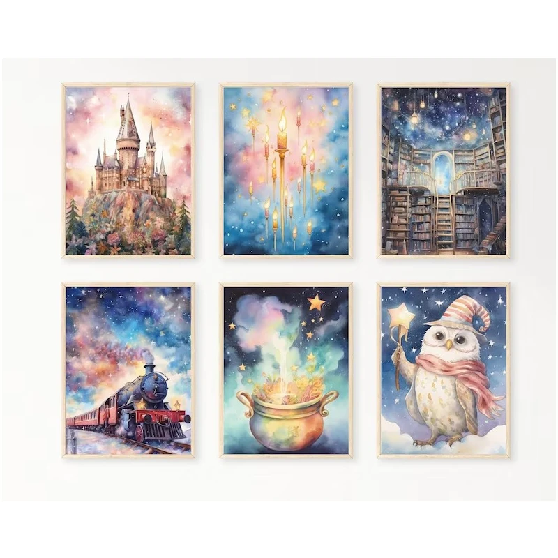 (No frame)Watercolor Wizard Magic Book Owl Letter Castle Nursery Wall Art Canvas Painting Nordic Poster Print Wall Picture Ki