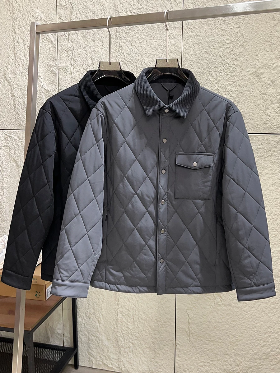 

Italian Vintage Style Diamond Pattern Quilted Cotton Jacket Men's Autumn Winter Windproof Warm Retro Collar Coat Fashion Urba...