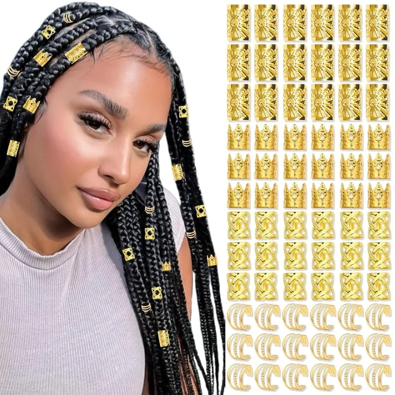 

120Pcs Gold Dreadlock Hair Rings and Ear Cuffs Set Large Kit for Braids Non Slip Easy Wear Party Festival Bohemian Hair Jewelry