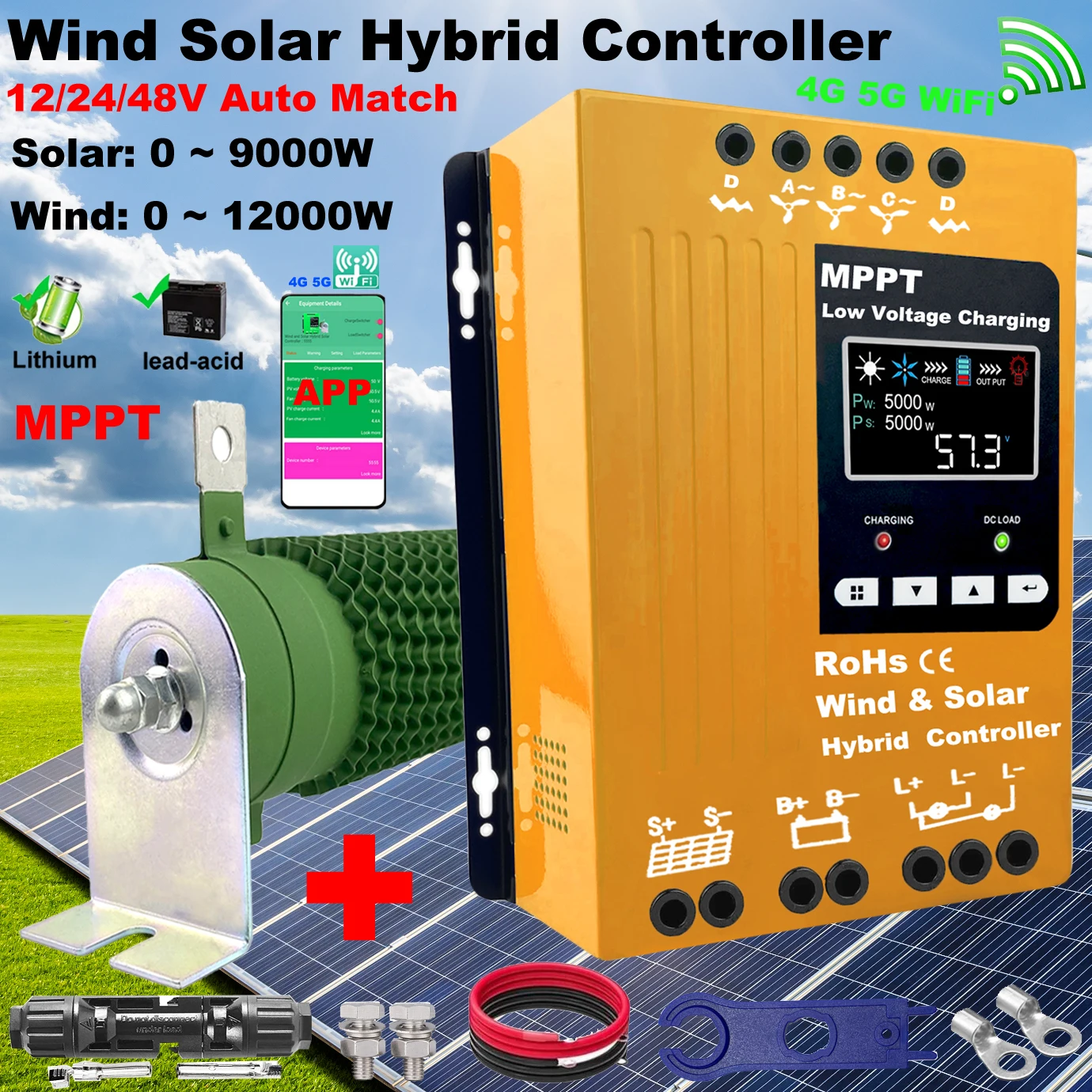 

4000 Вт, 12 В, 24 В, 48 В, MPPT, гибридный солнечный контроллер, ветряная турбина, эквалайзер батареи с отбойной нагрузкой, ЖК-дисплей для Lifepo4, все батареи