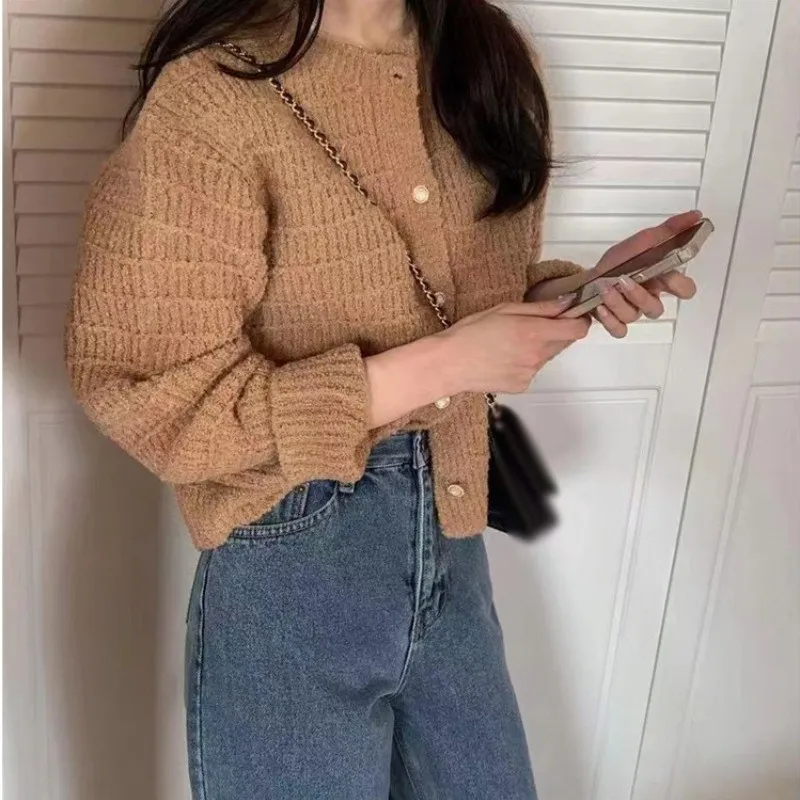 Retro Knitted Round Neck Solid Color Texted Cardigan Autumn Women\'s Button Loose Long Sleeve Sweater Casual All-Match Jacket