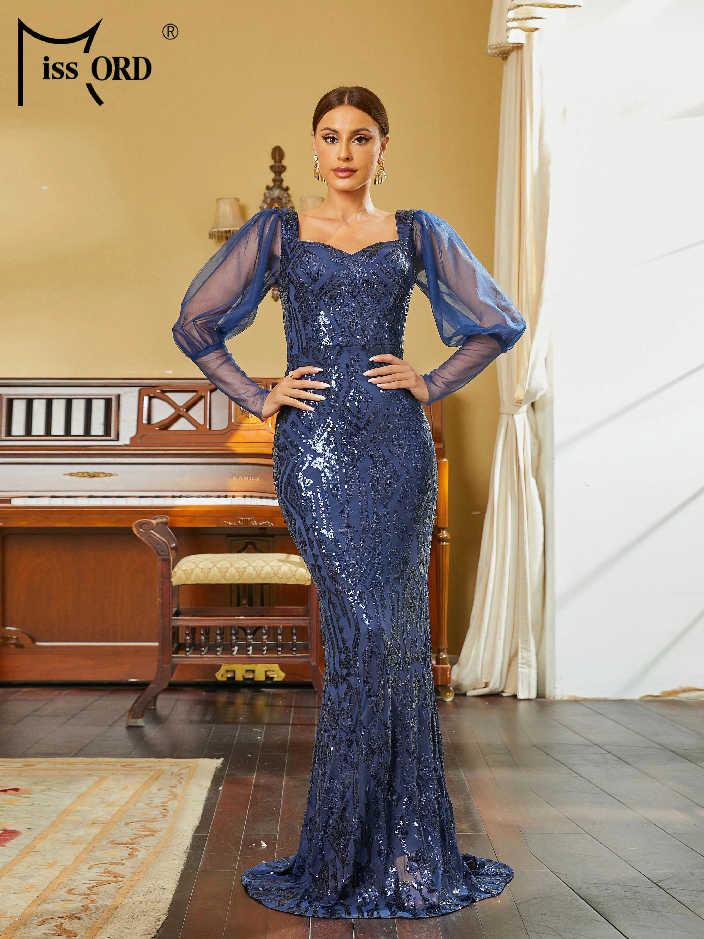 Missord-Robe Sirène en Tulle à Manches Lanternes et Paillettes, Tenue de Soirée Chic et Élégante de Luxe, Disponible en Bleu