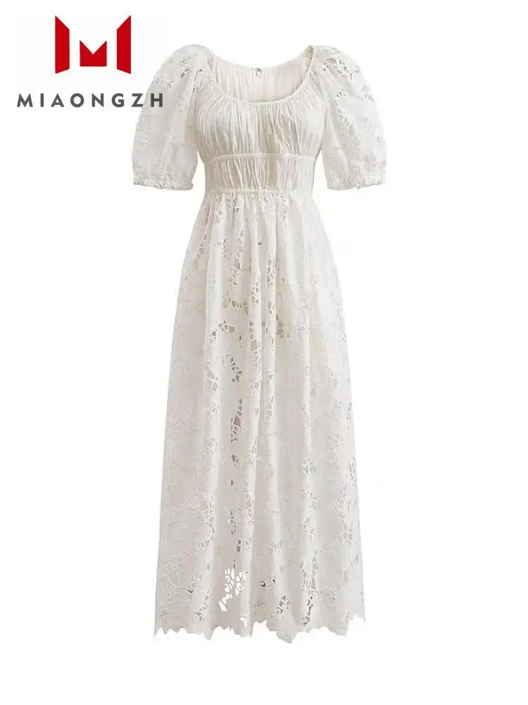 

Embroidery White Dresses Fashion Vintage Women's O Neck Short Sleeve Casual Summer Elegant Birthday Hollow Out New Women Dress