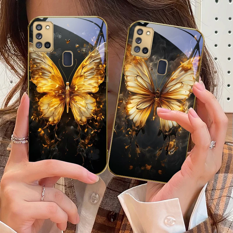 لهب فراشة دافئة لسامسونج A 31 32 A33 A34 35 14 A15 13 16 25 26 50 52 53 54 55 56 70 71 72 73 حافظة هاتف زجاجية ذهبية