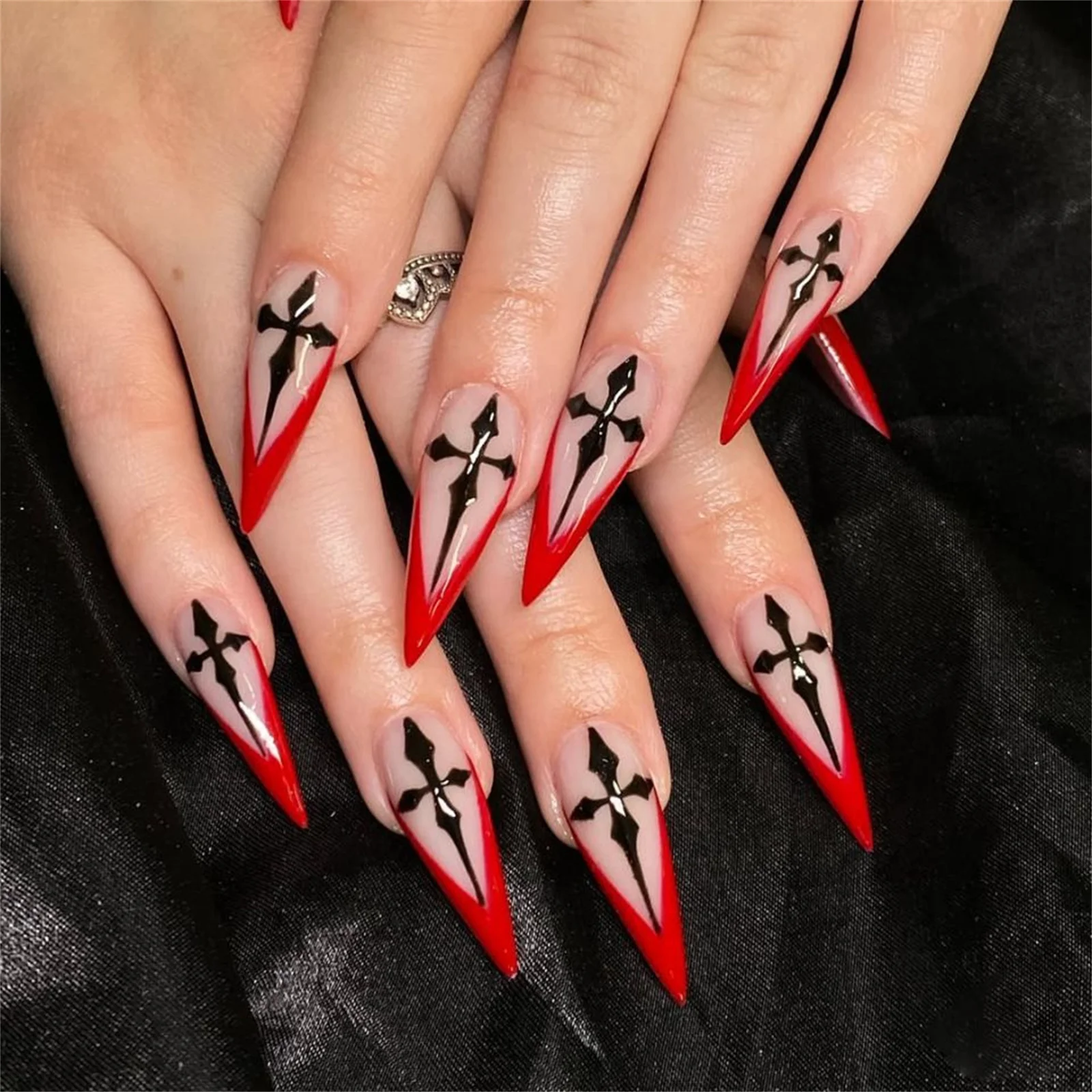 Press on Nails Easy Application Fake Nails for Party Red French Cross Long Pointed Manicure Tips Women's Nail Art Kit
