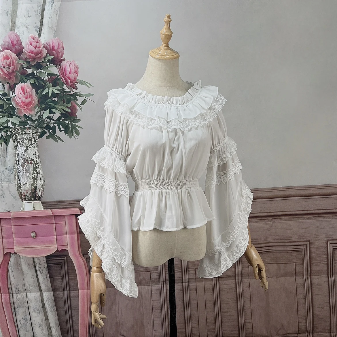 Vintage Lolita Shirts Women Kawaii Lace Ruffles O-Neck Flare Sleeve Chiffon Tops Girly Sweet Elegant Princess Blouses Victorian