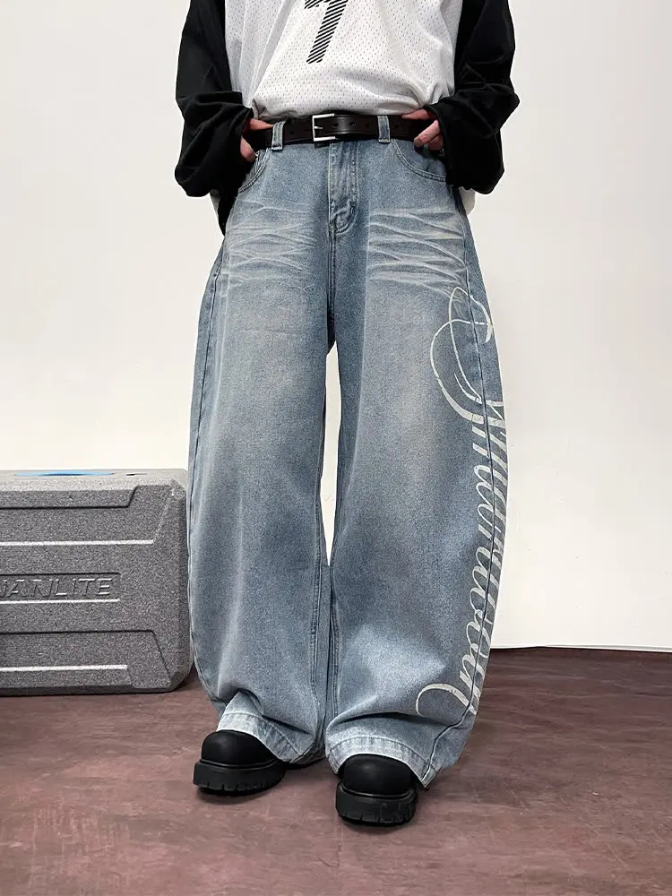 

Retro American High Street Printed Waed Denim Jeans Loose Casual Long Trousers for Men And Women Comfortable Lazy Sle