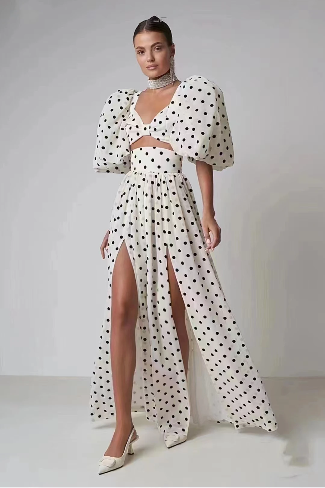 

Spring New Women's Clothing Vacation Style Stand-up Collar Puff Sleeve Tight Waist Wavy Edge Long Retro Printed Dress