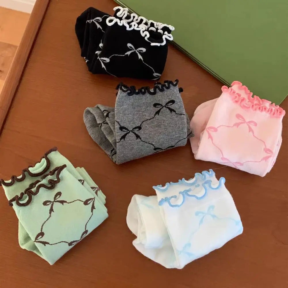 

5 пар милых тонких хлопковых носков с рюшами и бантом, стильные дышащие носки средней длины, женские чулочно-носочные изделия в стиле Лолиты, милые носки, женская уличная одежда