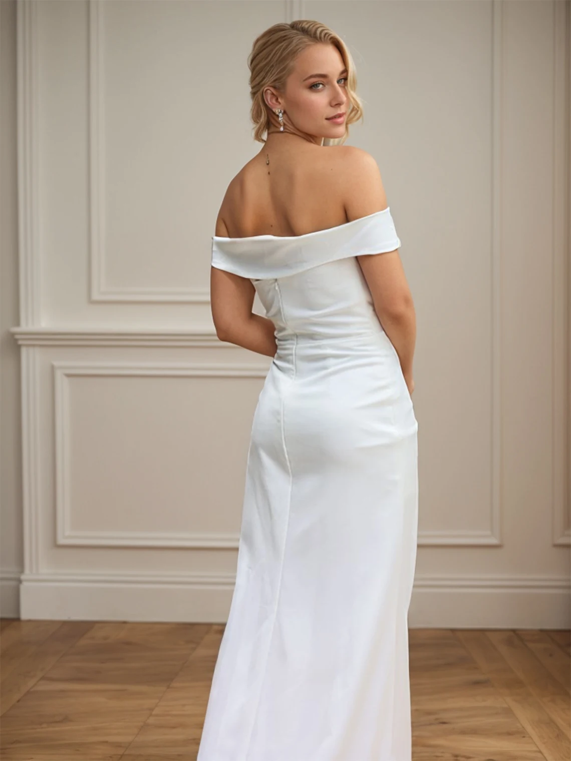 Elegancka suknia ślubna syrena z odkrytymi ramionami, elastyczny materiał, wysokie rozcięcie, falbany, krótkie rękawy, suknia zaręczynowa 2025, darmowa personalizacja.