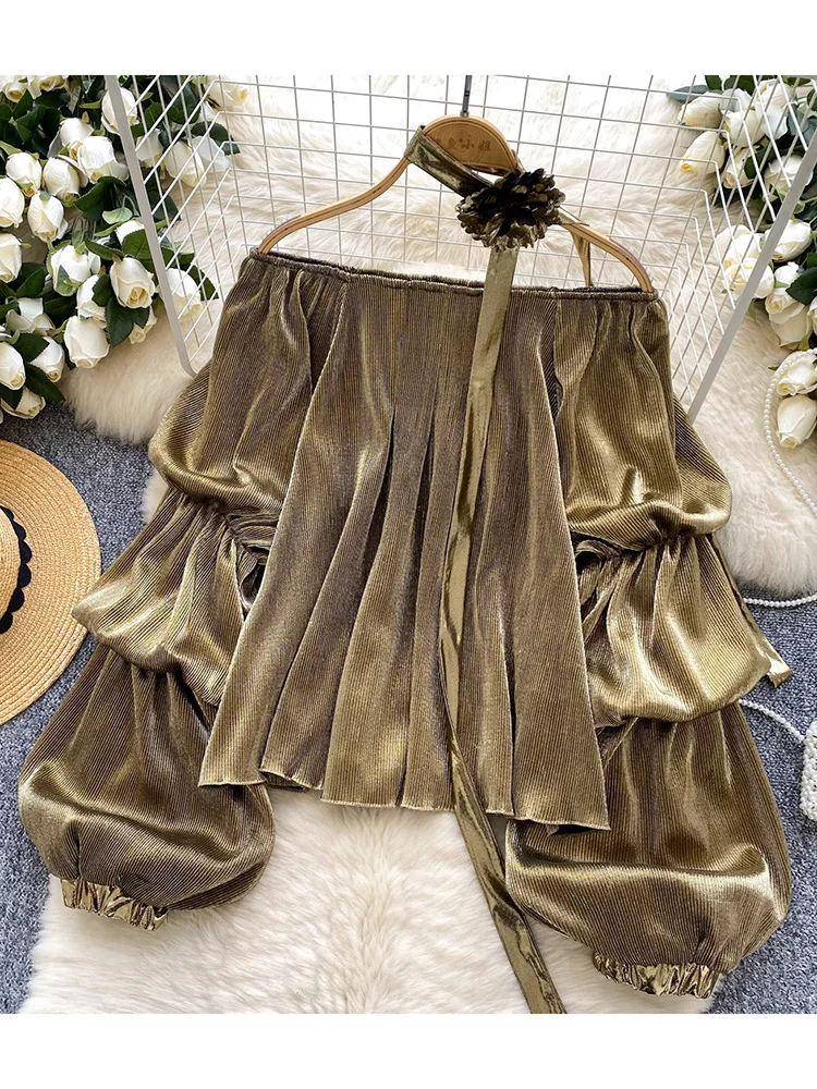 Women Spring Blouse Korean Version Atmosphere Sense One Shoulder Pleated Lantern Sleeves Loose Pleated Metallic Blusa BL074