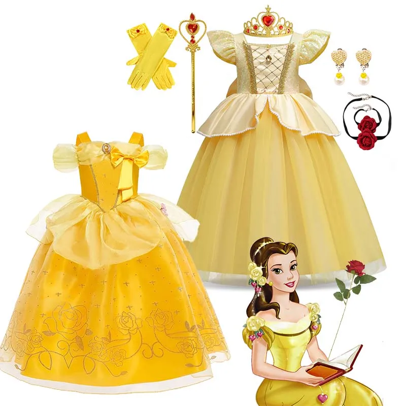 Robe de princesse Disney la Belle et la bête pour enfants, Costume de fête pour filles, déguisement fantaisie de fête d'anniversaire à fleurs