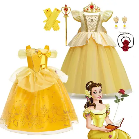 Cosplay per bambini Disney La Bella e la Bestia Abito da principessa Belle Costume da festa per ragazze Festa di compleanno fantasia per bambini Travestimento floreale