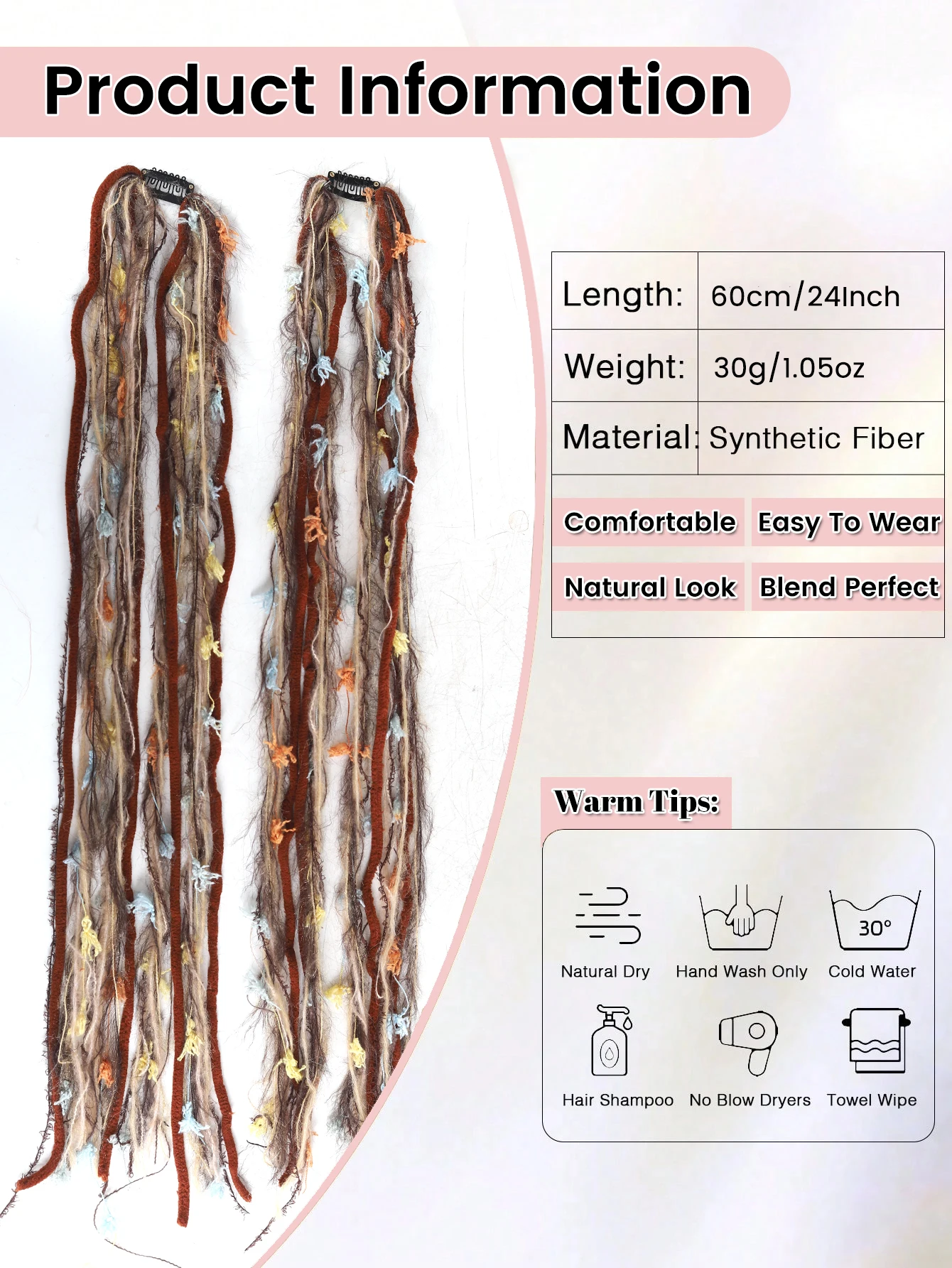 2PCS Colorful Rope Braided Hair Clip In Extensions Black Hair Dreadlock Hair Pieces Bohemian Hair Accessories For Women Daily
